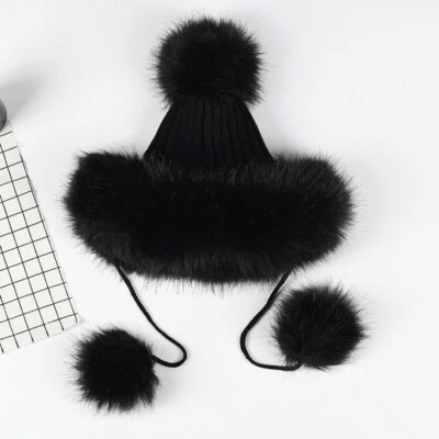 Women Winter Warm Faux Fur Beanie Hats Knit Pom Pom Ball Cossack Russian Ski Cap - Image 1 of 4