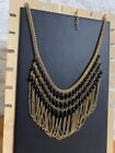 Vintage Or Modern Costume Jewellery Gold Tone Black Bead Cascade Necklace  Jw344