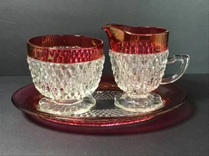 Indiana Glass Diamond Point Ruby Red Flash Tray w/ Sugar Bowl & Creamer - Picture 1 of 6