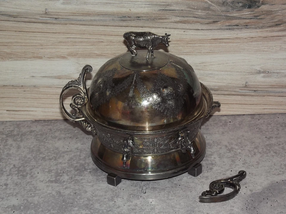 Фигурное посеребренное блюдо Webster с гравировкой купола с изображением коровы на финиале - Изображение 1 из 1