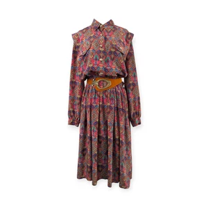 LESLIE FAY 14P Vintage Paisley Vestito Blusa Camicia Elastico Vita Segretaria - Foto 1 di 13