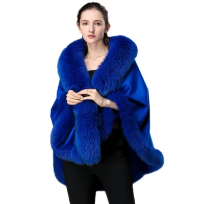 Real Cashmere Poncho Women's Party Cape Fox fur trim All Around Cloak - Image 1 of 4