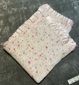 Handmade Pink Satin Edge Snowman Children’s Baby Blanket 39 Inches X 55 Inches - Picture 1 of 5