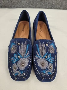 Baretraps Otella Flats Womens 7 M Slip On Moccasin Embroidered Leather Blue NEW - Picture 1 of 14