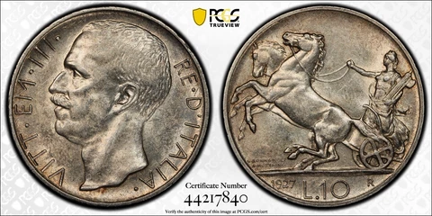 1927-R Kingdom of Italy "Chariot" Silver 10 Lire -PCGS AU58! W/ Tru-View! *Fert* Cover