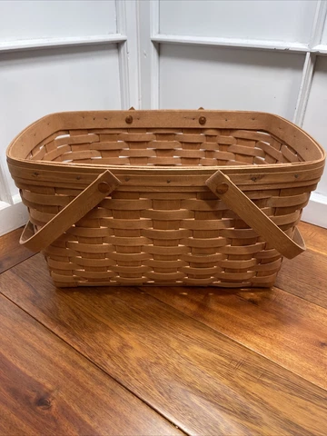 Longaberger Medium Market Basket 2 Swing Handles Picnic Magazine 1988 Brass Cover
