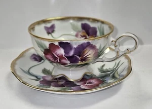 Vintage Lefton China Pansies Cup & Saucer Hand Painted Japan - Picture 1 of 13