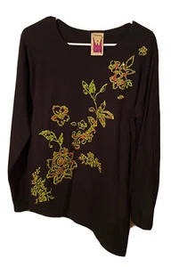 Anthony Original Black Floral Asymmetrical Hem Top Womens L Large. T25 - Picture 1 of 7