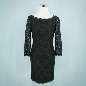 Mini abito nero Diane Von Furstenberg taglia 8 Zarita pizzo scollo barca manica 3/4 - Foto 1 di 10