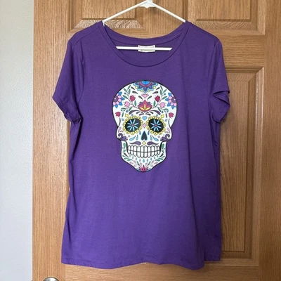 Women's Bobbie Brooks XL Suger Skull Halloween Shirt Or Day Of The Dead.Purple - Image 1 of 4