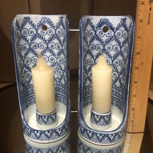 Delft Blue Wall Sconce Candle Holders Set 8-1/2” Tall X 3-1/4” Across ! - Picture 1 of 6