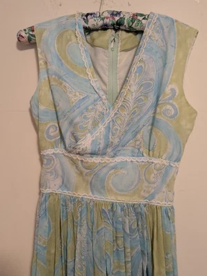 Vintage 50s/60s Handmade Cotton Blend Blue Green Dress Small - Image 1 of 4
