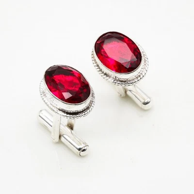 Abotoaduras feitas à mão de prata esterlina 925 pedra preciosa granada Moçambique Stnd. - Imagem 1 de 4