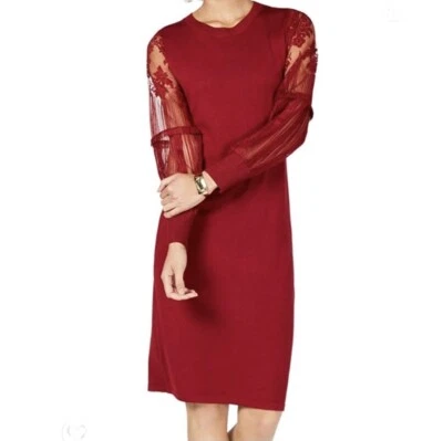 NY Collection Petite Red Lace Bishop Sleeve Sweater Dress Petite Small - Image 1 of 4