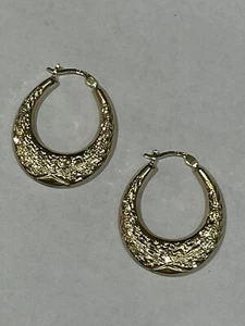 Pendientes vintage diseñados con aro ovalado de 14 K 23x30 mm corte diamante - Imagen 1 de 6