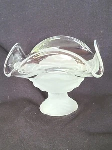 FOOTED CANDY DISH CLEAR BOWL w FLUTED EDGE FROSTED GLASS ON BOTTOM FLOWER SHAPED - Picture 1 of 7