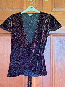 Monsoon size 14 black velvet short sleeved wrap jacket/top with multi spot print - Picture 1 of 11