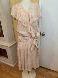 Vintage 100 % Seide Nancy Johnson pfirsichfarben geblümt 20er Jahre Stil Bindeband Taille Kleid Gr. 10 - Bild 1 von 7