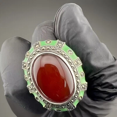 手工制作泰国 Marcasite 纯银 925 22G 红宝石绿松石戒指 30x38 毫米 — 第 1/4 张图片