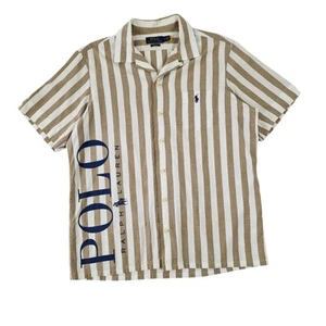 Polo Ralph Lauren Mens Shirt Medium Pinstripe Camp Cuban Collar Big Spellout - Picture 1 of 14