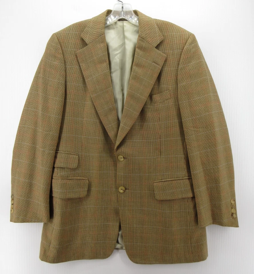 VINTAGE Paul Stuart Sport Coat Men 39 Brown Blazer Wool Silk Windowpane Jacket * - Image 1 of 4