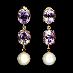 925 Sterling Silver Earrings Oval Amethyst Pearl Natural Gemstone Jewelry - Picture 1 of 13