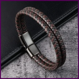 Herren Schwarz Blau Geflochten Echt Leder Armband Doppelband Armreif - Bild 1 von 26