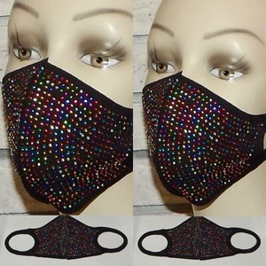 LOT OF 2 SPARKLE MULTICOLORS BEADS ON BLACK WASHABLE STRETCH FACE MASK INDIANA - Picture 1 of 1