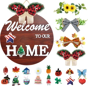 Interchangeable Seasonal Welcome Sign for Front Door Decoration Rustic round Woo - Picture 1 of 8