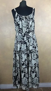 Bandolino Midi Dress Black Beige Lined Sheer Paisley Floral Tiered Sleeveless 10 - Picture 1 of 9