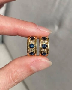 0.4Ct Round Lab Created Sapphire & Diamond Hoop Earrings 14k Yellow Gold Plated - Picture 1 of 5