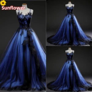 Gothic Black and Blue Wedding Dresses Spaghetti Straps Sleeveless Bridal Gowns - Picture 1 of 10