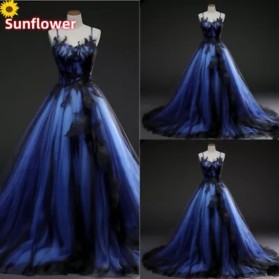 Gothic Black and Blue Wedding Dresses Spaghetti Straps Sleeveless Bridal Gowns - Image 1 of 4