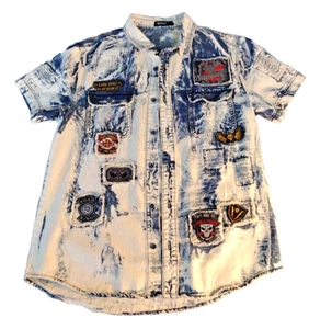 Imperious Washed Denim Distressed Shirt Jacket Men's Button-up Biker's Theme (L) - Picture 1 of 22