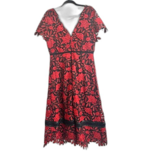 Abito donna pizzo floreale rosso San Valentino collezione M&S taglia 8 midi applique
