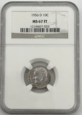 1956 D MS 67 FT Roosevelt 10C NGC 90% Silver Toning *SL - Image 1 of 4