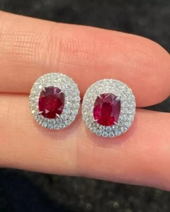3CT Oval Lab Grown Ruby/Diamond Stud Earrings For Girlfriend Gift 14k White Gold - Picture 1 of 15