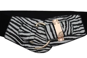 Women Black White Faux Leather Zebra Animal Print Elastic Belt Hook Buckle M L - Picture 1 of 12