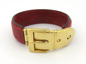 GUCCI Red Leather Gold Tone Metal Bangle Bracelet
