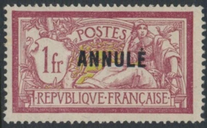 FRANCE - 1911 1Fr red/olive Merson, overprinted ANNULÉ, MH – Yvert # 121-CI1 - Picture 1 of 2