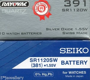 New SEIKO or RAYOVAC watch battery 381 SR1120SW Hi-drain 391 SR1120W Lo-drain - Picture 1 of 4