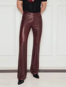 Men's Brown Leather Pant 100% Real Lambskin Slim fit skinny Moto Biker Pants W34 - Picture 1 of 3
