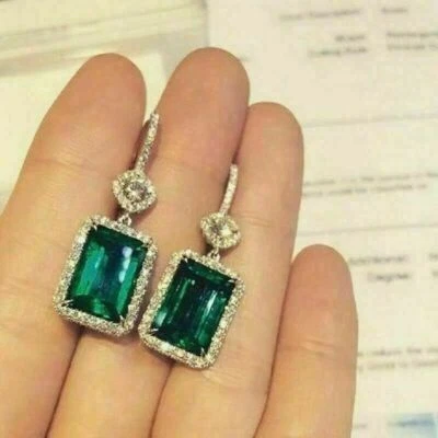 3.00Ct Emerald Cut Green Emerald Drop & Dangle Earrings 14K White Gold Finish - Image 1 of 3
