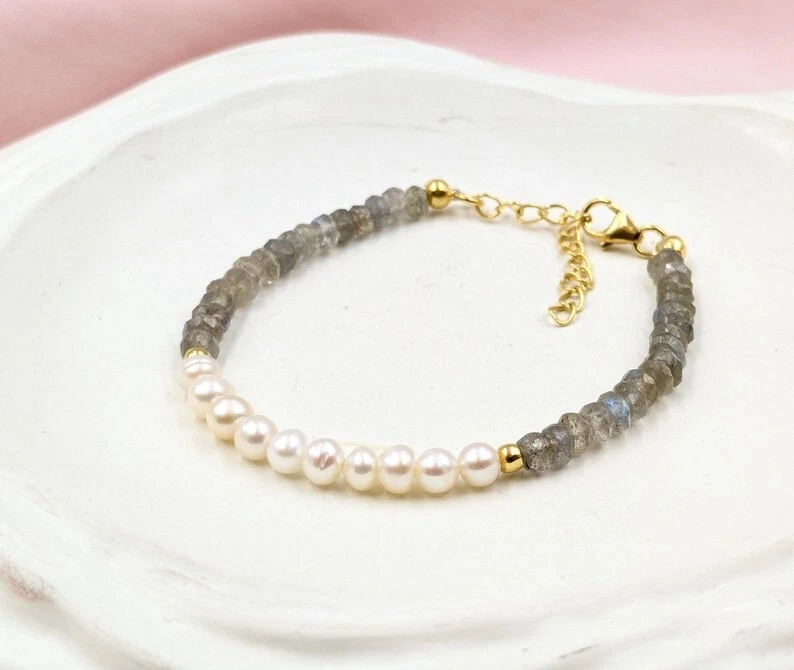 珍珠和拉长石组合多宝石珠情感修复手链 6-8 — 第 1/4 张图片