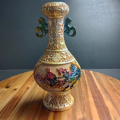 Vintage Antique Carved Resin Vase Asian Japanese Chinese Satsuma Style  12” Tall - Image 1 of 4