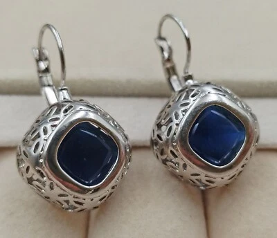 18K White Gold Filled Dark Blue Square CZ Openwork Flower Set Leverback Earrings - Image 1 of 2