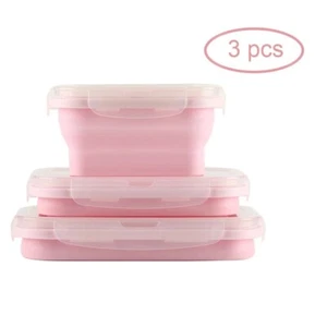 Collapsible Silicone Food Storage Containers Foldable Lunch Box, Set of 3, Pink - Picture 1 of 6