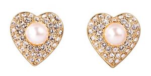 Crystals From Swarovski Heart Pearl Stud Earrings Gold Plated Authentic 7958z