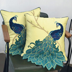 Handmade Sequin Applique Embroidered Blue Peacock Pillowcase Sofa Cushion Cover