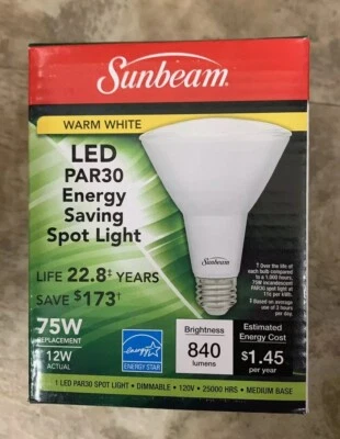 Sunbeam LED BR30 PAR30 75W INDOOR Spot Light Bulb Dimmable New - Image 1 of 4